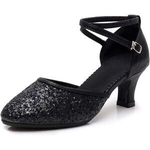 Swdzm Womens Black Ballroom Closed Toe Sequins Latin Salsa Tango Dancing Shoes